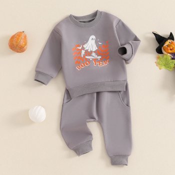 Letter Ghost Print Long Sleeve Sweatshirt & Elastic Sweatpants Set