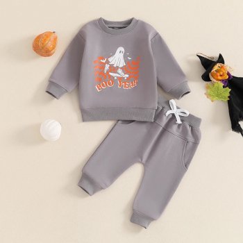 Letter Ghost Print Long Sleeve Sweatshirt & Elastic Sweatpants Set