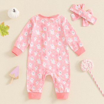 Baby Girls Halloween Skull & Ghost Long Sleeve Jumpsuit with Headband