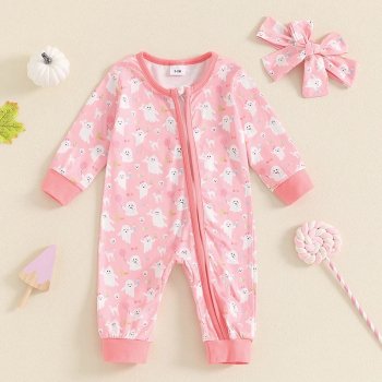 Baby Girls Halloween Skull & Ghost Long Sleeve Jumpsuit with Headband