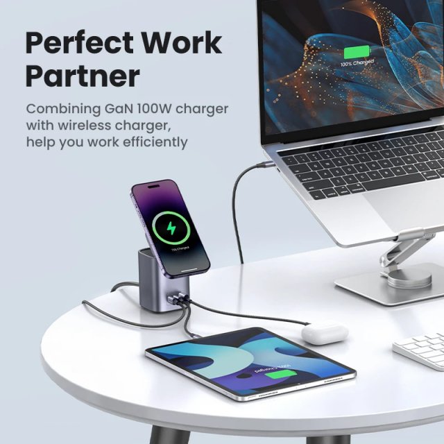 100W GaN Desktop Charger with Magnetic Wireless Charging for iPhone & Laptop - Image 3