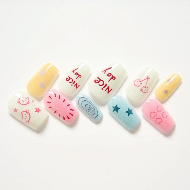 10-Piece Cute Cat & Star French Tip Press-On Nails - Glossy Gradient Full Cover Nails - Image 4