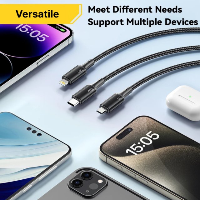 100W 3-in-1 USB C to Type C Lightning Fast Charging Cable - Image 4