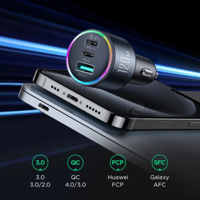 120W Super Fast Car Charger with 3 Ports - Image 2