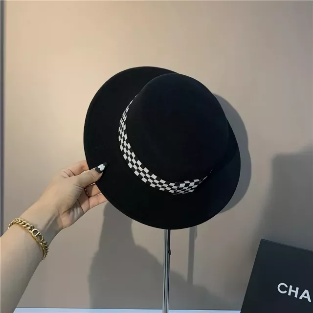 Checkerboard Wool Fedora Hat - Chic Autumn Winter Accessory - Image 4