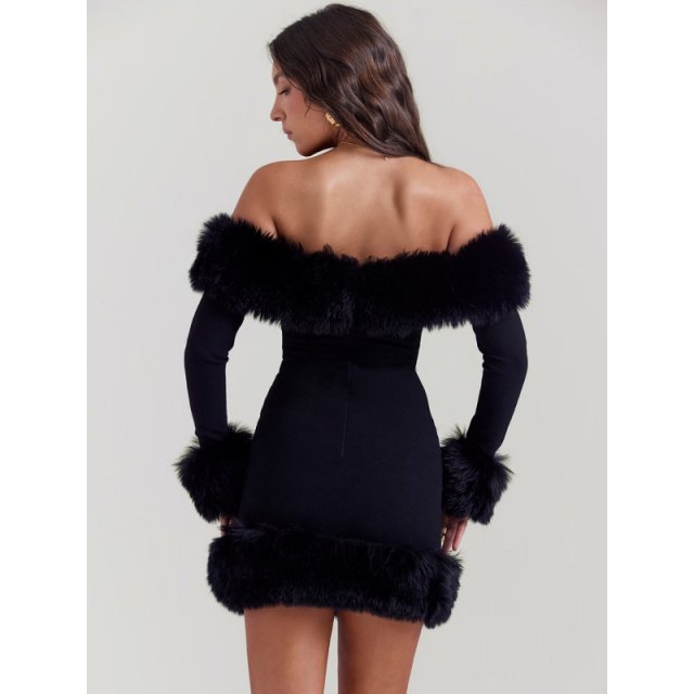 Elegant Off-The-Shoulder Faux Fur Mini Dress - Image 3