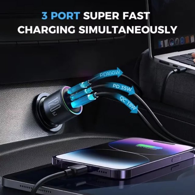 120W Super Fast Car Charger with 3 Ports - Image 3