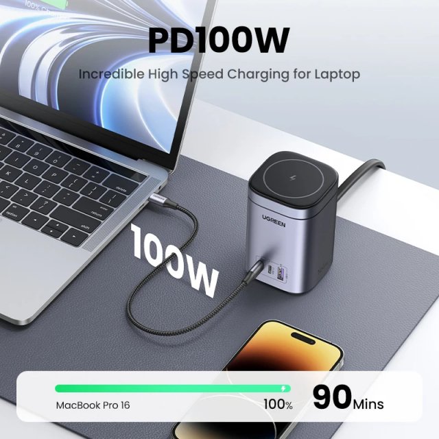100W GaN Desktop Charger with Magnetic Wireless Charging for iPhone & Laptop - Image 7