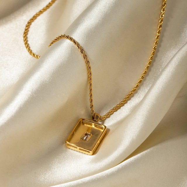 18K Gold Plated Square White Zircon Malachite Pendant Necklace for Women - Image 4