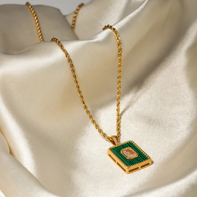18K Gold Plated Square White Zircon Malachite Pendant Necklace for Women - Image 3