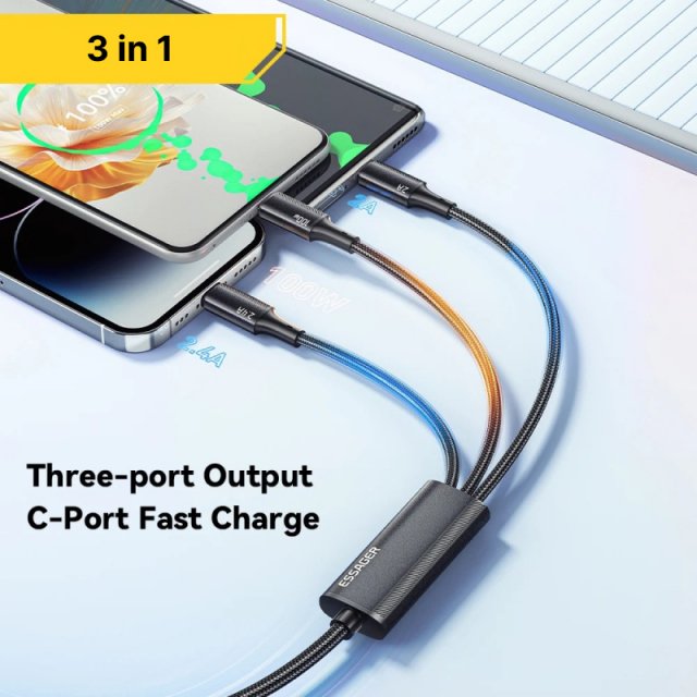 100W 3-in-1 USB C to Type C Lightning Fast Charging Cable - Image 3