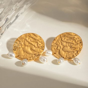 Retro 18K Gold Plated Stainless Steel Round Hammered Pearl Earrings