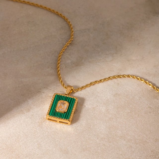 18K Gold Plated Square White Zircon Malachite Pendant Necklace for Women - Image 5