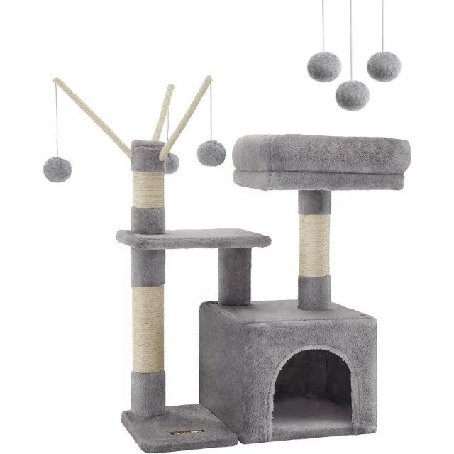 Smoky Gray Cat Tree with Padded Perch and Activity Center - Image 7