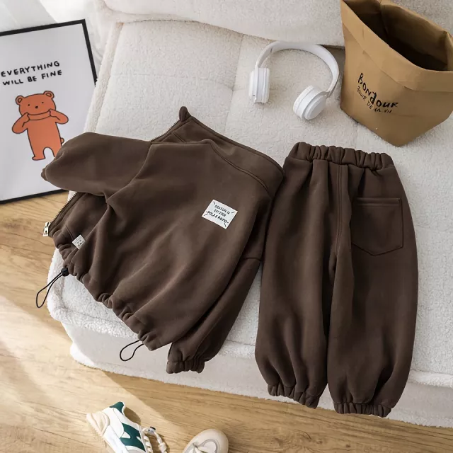 Winter Kids Thicken Clothes Set - Cute Solid Color Overcoat & Pants - Image 3