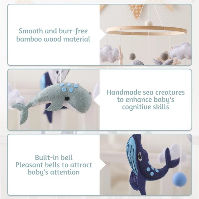 Soft Felt Marine Animals Crib Mobile with Wooden Bracket & Musical Rattles - Image 4