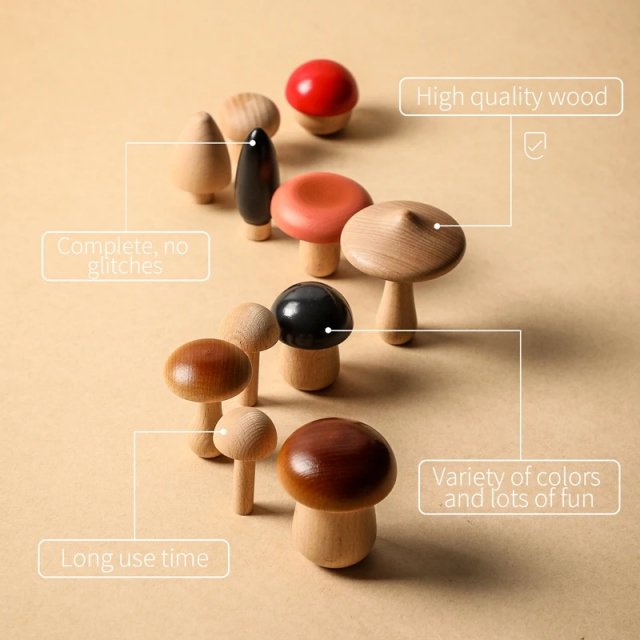 11-Piece Wooden Mushroom Montessori Building Blocks - Image 4
