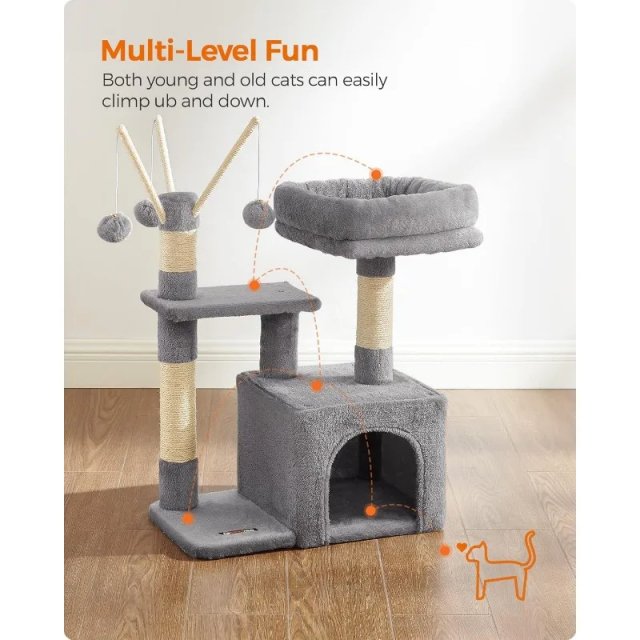 Smoky Gray Cat Tree with Padded Perch and Activity Center - Image 3
