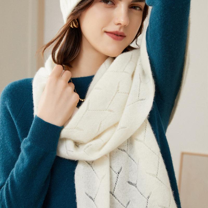 girl wearing a 100% Goat Cashmere Knitted Scarf - white, Soft & Warm from Premium Deals Depot