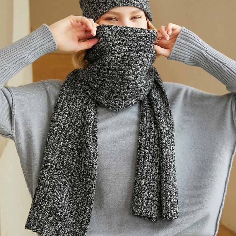 Young woman wearing Luxurious-100% cashmere-knit-winter grey scarf from Premium Deals Depot