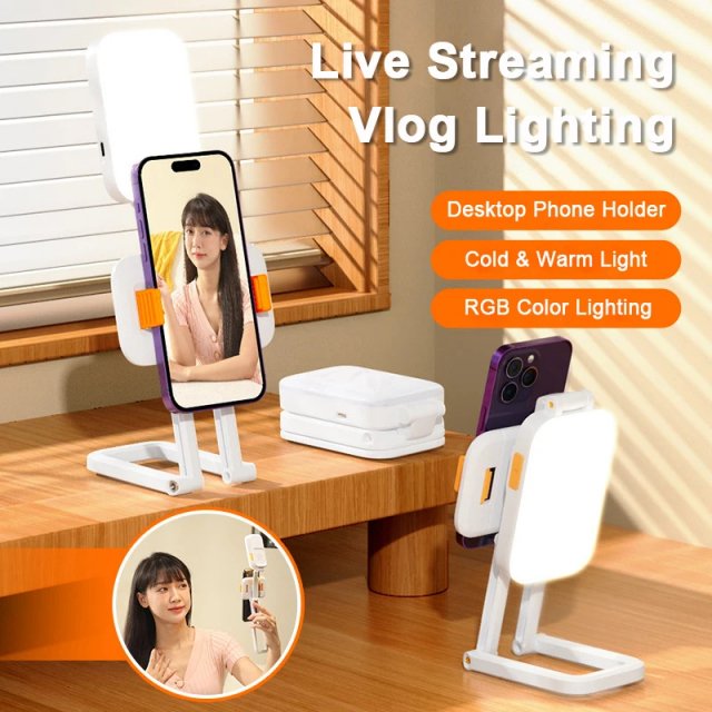 Foldable Phone Holder Stand with Built-in LED Light and Rechargeable Battery for Vlogging, Live Streaming, and Photography - Image 3