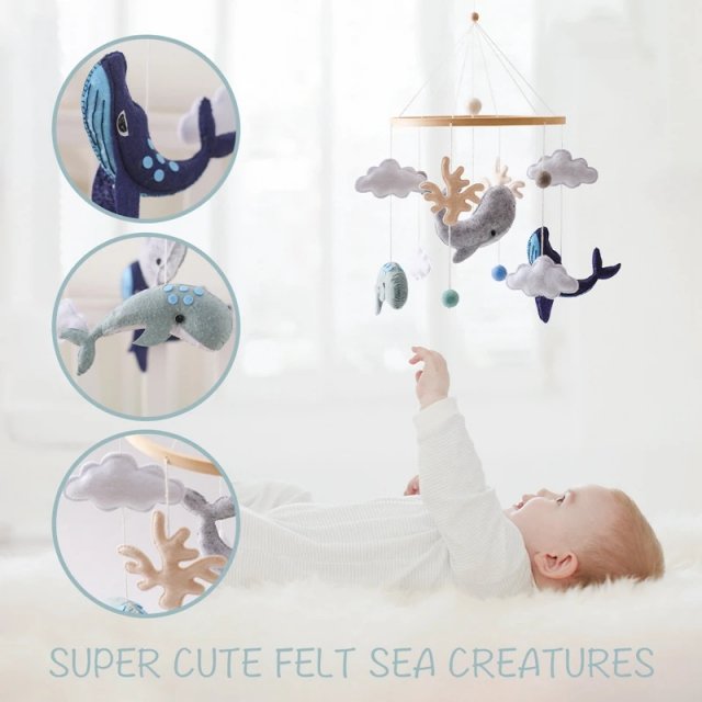 Soft Felt Marine Animals Crib Mobile with Wooden Bracket & Musical Rattles - Image 3