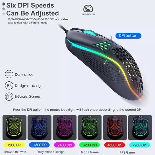 USB Wired Gaming Mouse with Luminous Light - 7200 DPI Adjustable Optical Gamer Mouse - Image 3