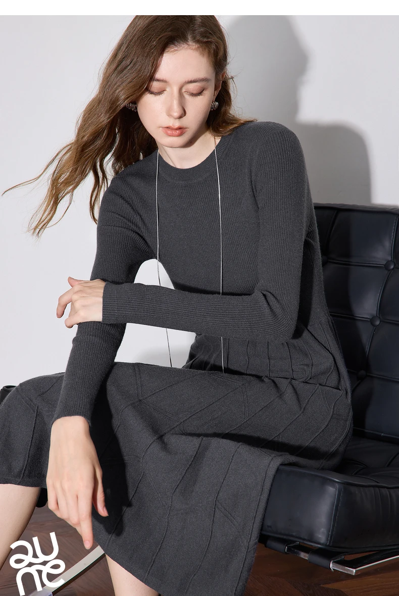 TOYOUTH Women Knitted Dress 2024 Autumn Winter New Long Sleeve Thicking Warm Slim Waist Woolen Dress Gray