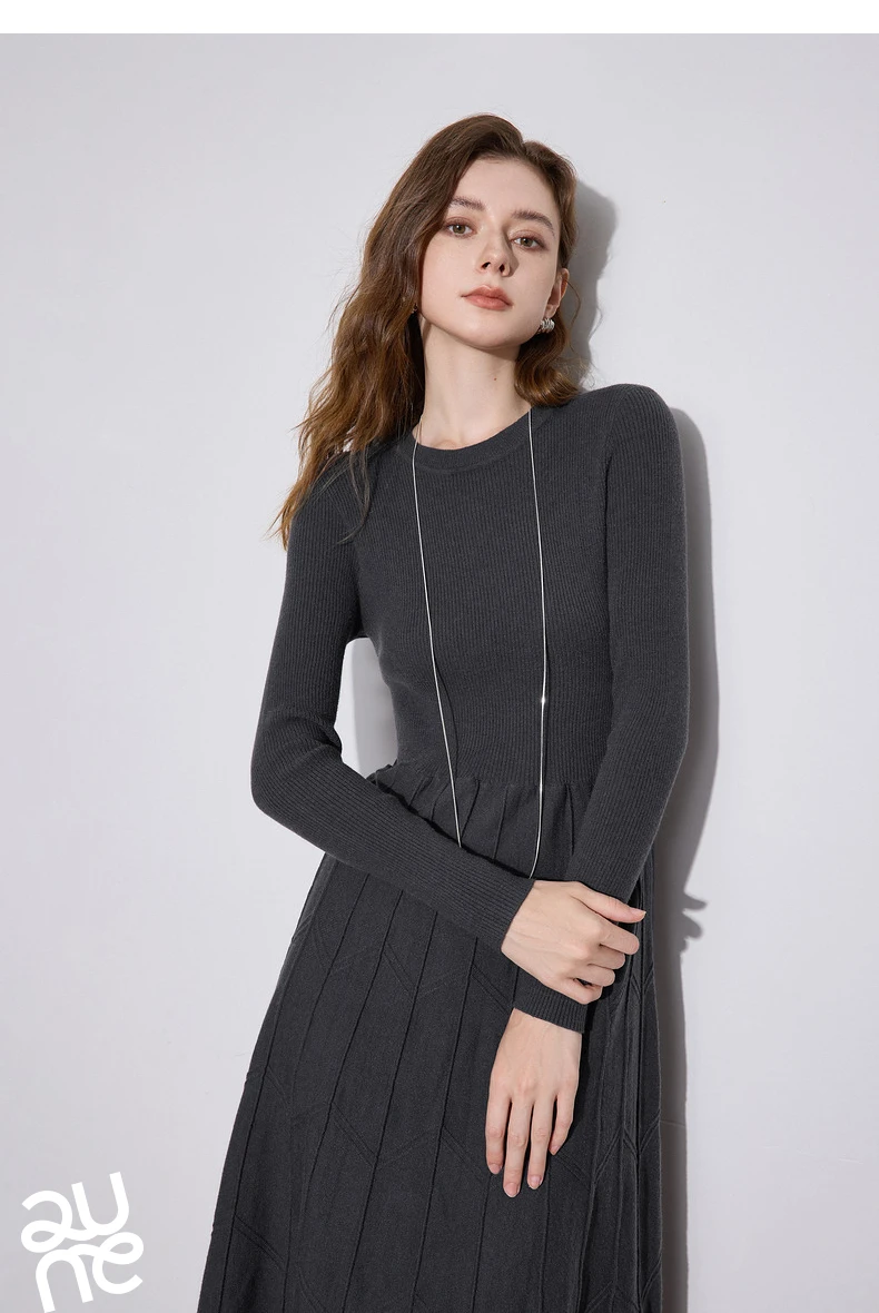 TOYOUTH Women Knitted Dress 2024 Autumn Winter New Long Sleeve Thicking Warm Slim Waist Woolen Dress Gray