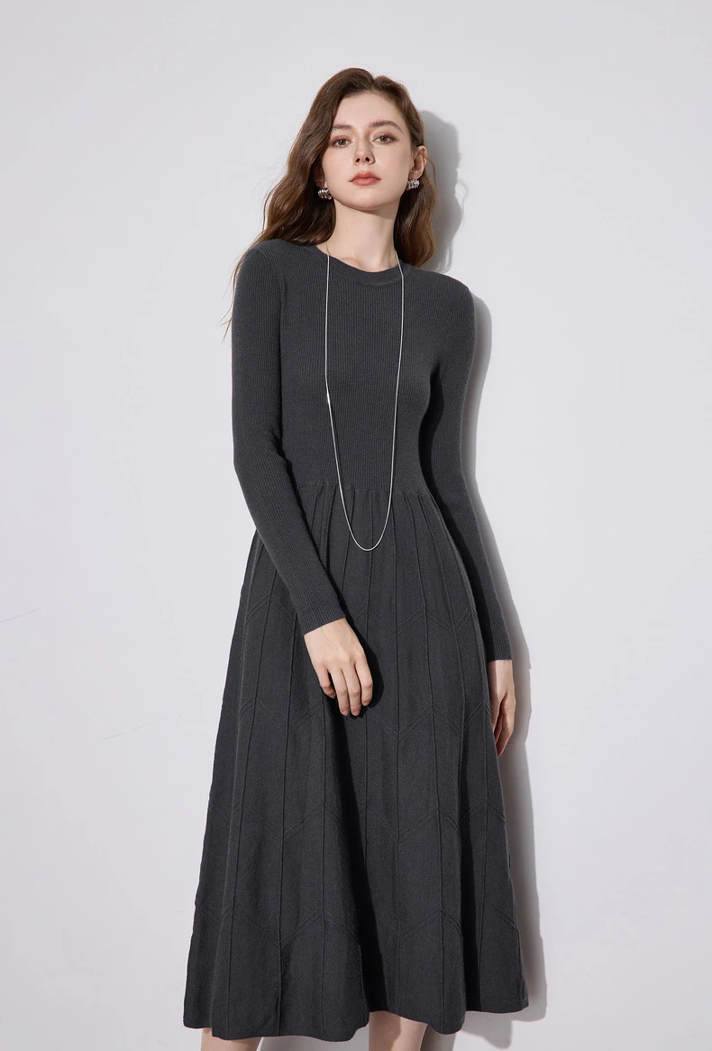 TOYOUTH Women Knitted Dress 2024 Autumn Winter New Long Sleeve Thicking Warm Slim Waist Woolen Dress Gray