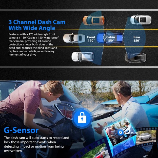3-Channel 2K HD Dash Cam with Front, Rear & Inside Recording, IR Night Vision - Image 3
