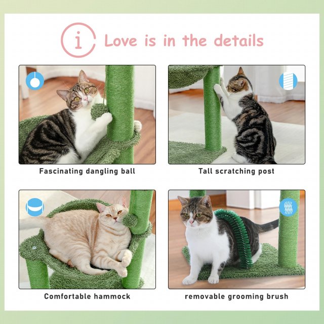 33-Inch Cactus Cat Tree Tower with Self Groomer, Hammock - Image 6