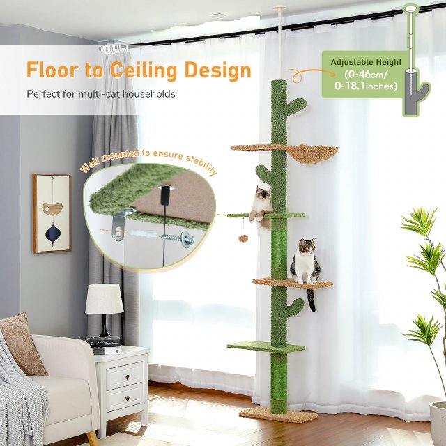 5-Tier Adjustable Floor-to-Ceiling Cat Tree Tower with Cactus Design, Hammock, and Scratching Post - Image 4