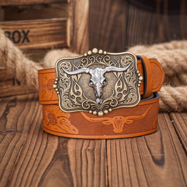 Western Cowboy PU Leather Belt with Bull Decoration and Floral Engraving - Image 5