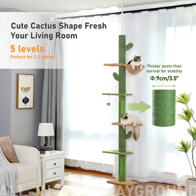 5-Tier Adjustable Floor-to-Ceiling Cat Tree Tower with Cactus Design, Hammock, and Scratching Post - Image 3