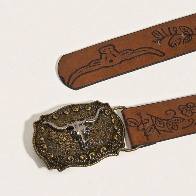 Vintage Western Cowboy Buckle Printed PU Leather Belt - Image 6