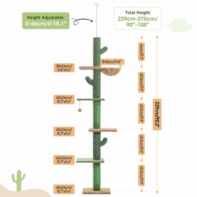 5-Tier Adjustable Floor-to-Ceiling Cat Tree Tower with Cactus Design, Hammock, and Scratching Post - Image 7