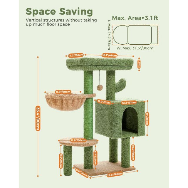 Cactus Cat Tree Tower with Padded Perch, Hammock, Condo & Scratching Posts - Image 3