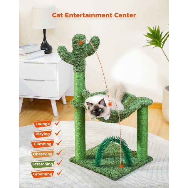 33-Inch Cactus Cat Tree Tower with Self Groomer, Hammock - Image 3