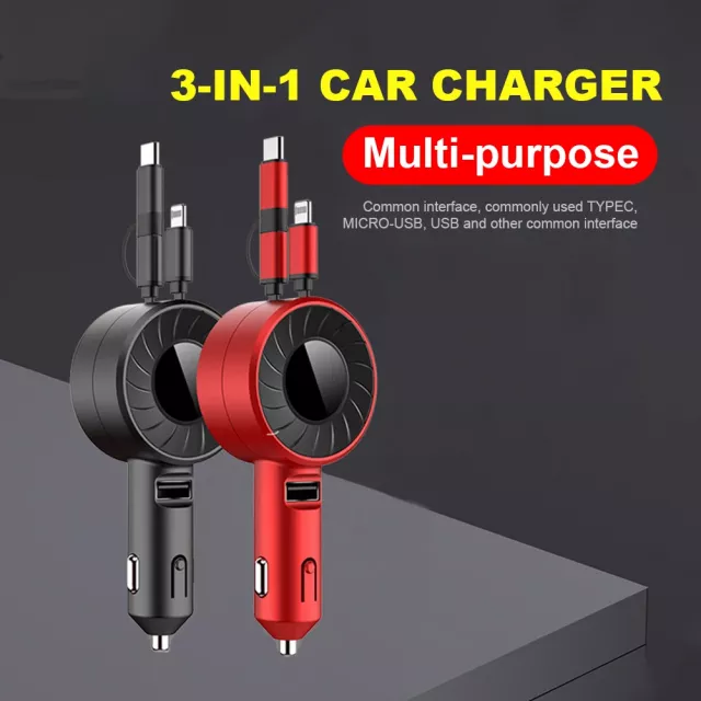 3-in-1 Retractable Fast Charging Car Charger with USB Type C and Micro USB - Image 3