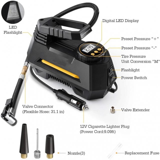 Portable Car Tire Inflator Electric Air Compressor Pump with LED & Pressure Gauge - Image 2