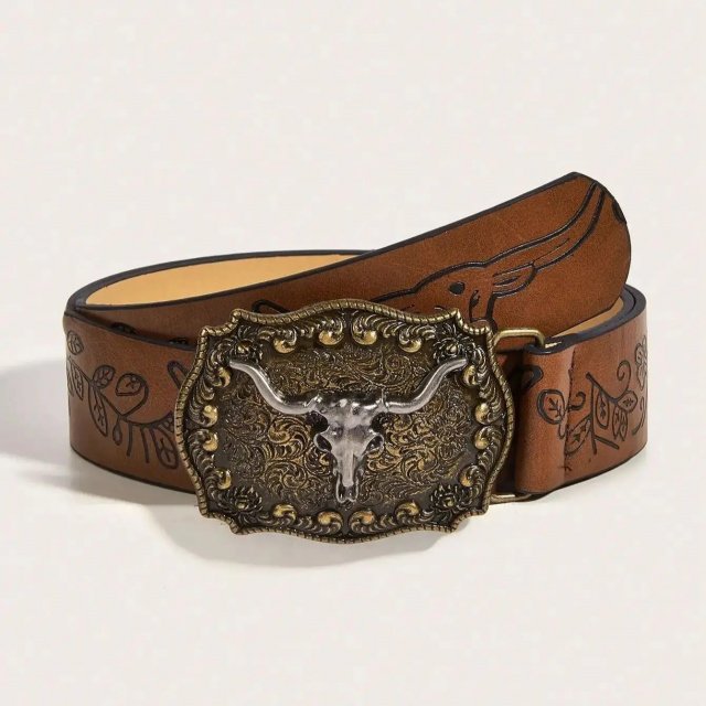 Vintage Western Cowboy Buckle Printed PU Leather Belt - Image 3