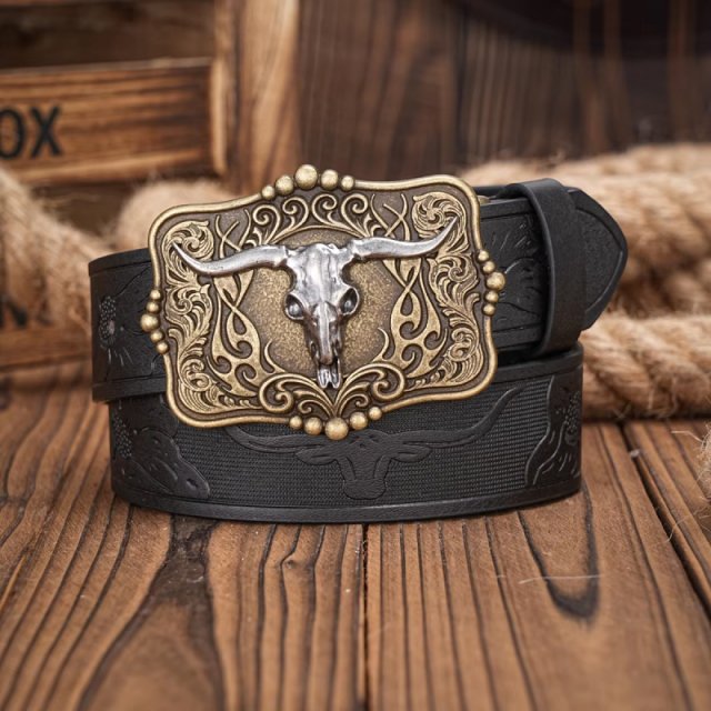 Western Cowboy PU Leather Belt with Bull Decoration and Floral Engraving - Image 6