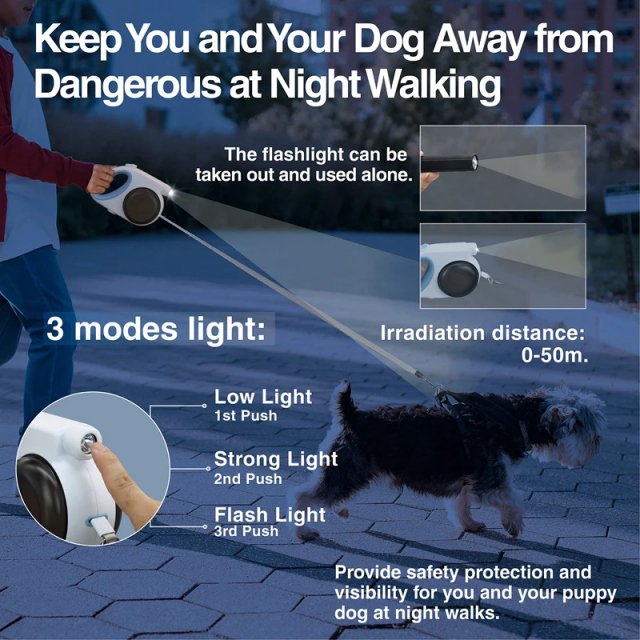 Retractable Dog Leash with Built-in Light, Water Bowl, and Food Box for Dogs up to 88lbs - Image 4