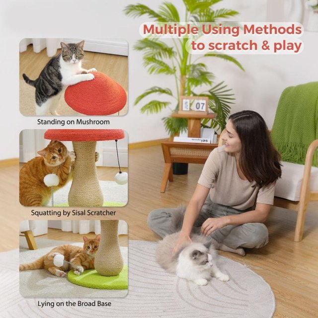 Mushroom Cat Scratching Post with Sisal & Pompoms - Image 3
