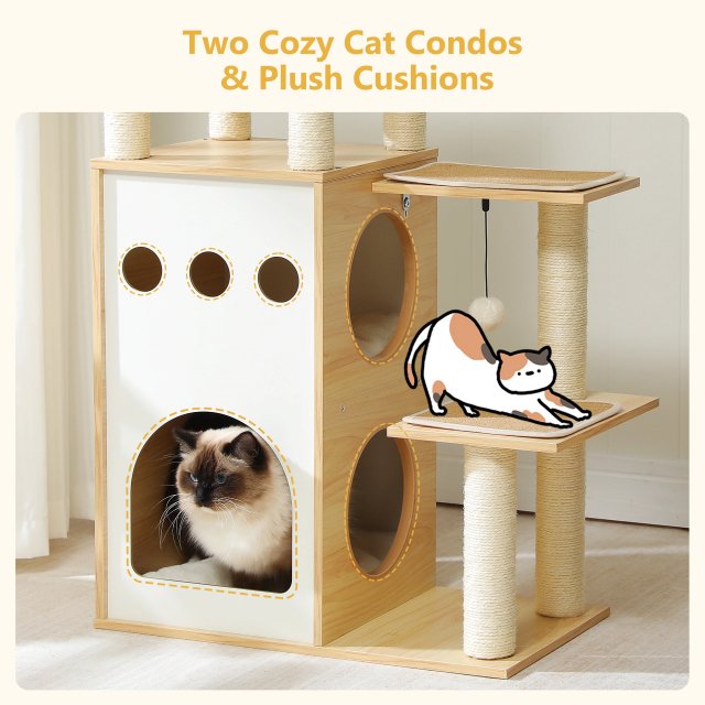 Modern Wooden Cat Tree Tower with 2-Floor Condo, Scratching Posts - Image 4