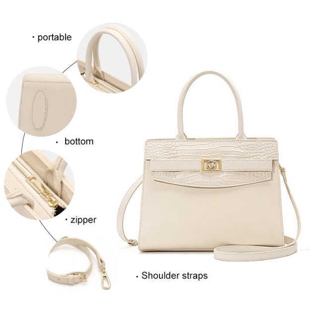 Crocodile Pattern Cowhide Square Handbag - Off White - Image 6