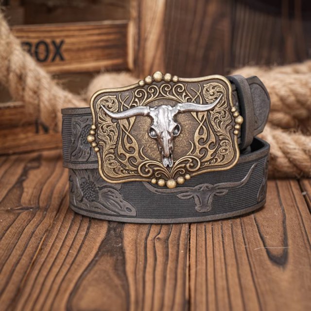 Western Cowboy PU Leather Belt with Bull Decoration and Floral Engraving - Image 4