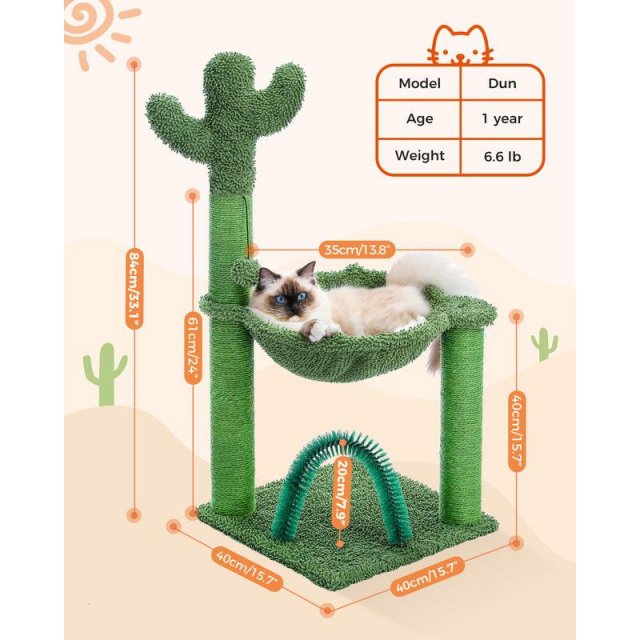 33-Inch Cactus Cat Tree Tower with Self Groomer, Hammock - Image 5