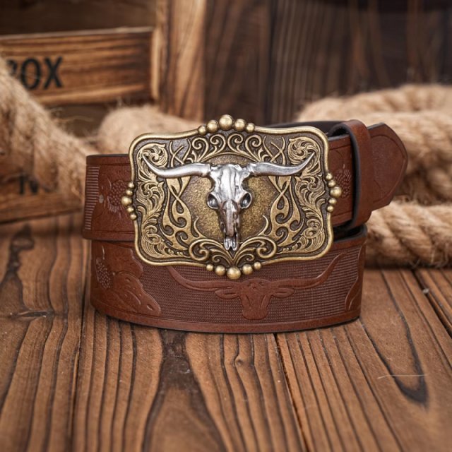 Western Cowboy PU Leather Belt with Bull Decoration and Floral Engraving - Image 3